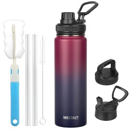 MEZMUT Insulated Water Bottle 24oz Stainless Steel Water Bottles with Straw&3 Lids Sports Metal Water Bottle Thermos Cup Double Walled Vacuum Insulated Bottles Leak-Proof Travel (Gradient Red Blue)