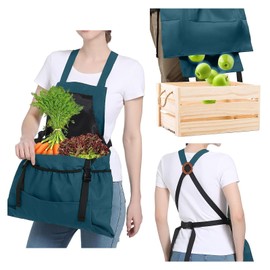 HERCHR Gardening Apron, Canvas Garden Apron Fruit Picking Bag Vegetable Berry Garden Picking Bag Garden Apron with Pockets for Women and Men(Blue)