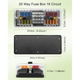 20 Way Fuse Box 16 Circuit Blade Fuse Block, Fuse Holder with Ground and Protection Cover, 12V 24V Blown Fuse DC SUB Panel for Car Boat Automotive Marine Vehicle Yacht Truck Trike RV SUV Ship