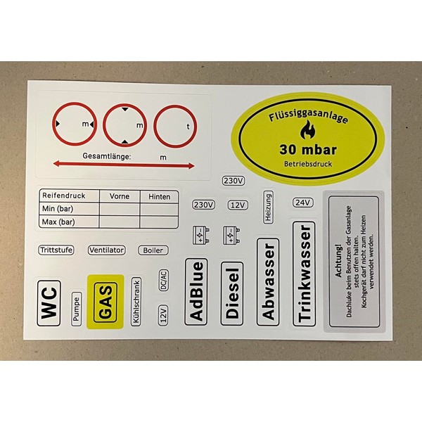 JANSTAHL Motorhome Sticker Set Gas G 607 Weight Height Width