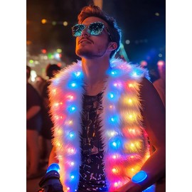 SHINYOU Men Light Up faux fur Coat, Smart LED Light Up SYNC Vest, Glow Fluffy Sparking Costume Waistcoat Christmas Party Music Festival (Grey, XL)