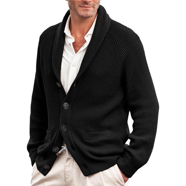 Karlywindow Mens Shawl Collar Cardigan Sweater Cable Knit Button Down