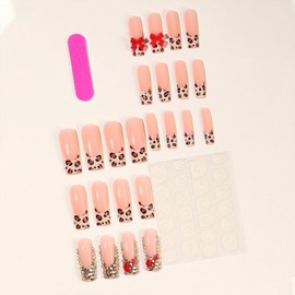 Gold Bling Rhinestones Press on Nails Long Square Fake Nail Leopard Print French Tip False Nails with Red Bow Charms Designs Full Cover Artificial Stick on Nail Acrylic Glue on Nail for Women 24 Pcs