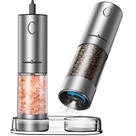 ThermoMaven Upgraded Larger Capacity Electric Salt and Pepper Grinder Set, 110ml Rechargeable Salt and Pepper Shaker with LED light, Stainless Steel Automatic Pepper Mill with 6 Adjustable Coarseness