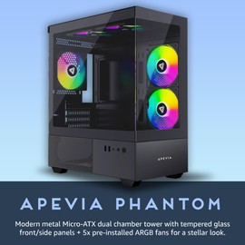 Apevia Phantom-BK Phantom Micro-ATX Dual-Chamber Gaming PC Case w/ 5X 120mm ARGB Fans, 366 RGB Modes, Dual Tempered Glass Panels, 240mm Radiator Support, 2X USB3.0, HD Audio Port, Black