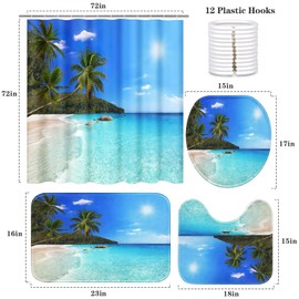 Britimes 4 Piece Shower Curtain Sets, with 12 Hooks, Tree Tropical Beach with Non-Slip Rugs, Toilet Lid Cover and Bath Mat for Bathroom Decor Set, 72" x 72"