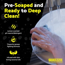 Squeezzee Soap Filled Scrubber Sponges - Non Scratch Scrubbing Sponge with Built-In Dishwashing Liquid Dish Soap - Double Sided Kitchen & Household Cleaning Scrubbers - Up to 300 Washes Per Sponge - 4