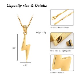 XSMZB Lightning Bolt Cremation Jewelry Ashes Holder for Human Pet Funeral Urn Necklace for Ashes Lightning Keepsake Pendant Jewelry(Gold)