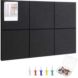 Large Cork Board 36" x 24", 6 Pack Felt Wall Tiles with Colored 30 Pcs Pushpins, Black Bulletin Board with Removable Self-Adhesive Strips, Pin Board Cork Boards for Walls Office Home- Black
