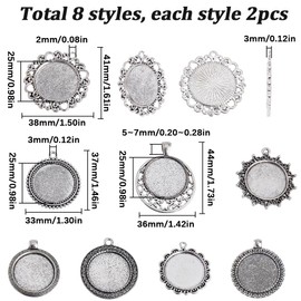 SUNNYCLUE 1 Box of 16 Cabochon Bezels in Vintage Style Antique Silver Empty Bezel Trays Flat Round Charm Pendant Tray Charms Memory Photo Blanks Bezel for DIY Wedding Bouquet