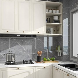 10pcs Peel and Stick Wall Panels (23.6"x11.8",) Marble PVC Waterproof Backsplash Tiles for Kitchen, Bathroom, Peel and Stick Tile，White Gray (Castle Grey, 23.6 inches * 11.8 inches)