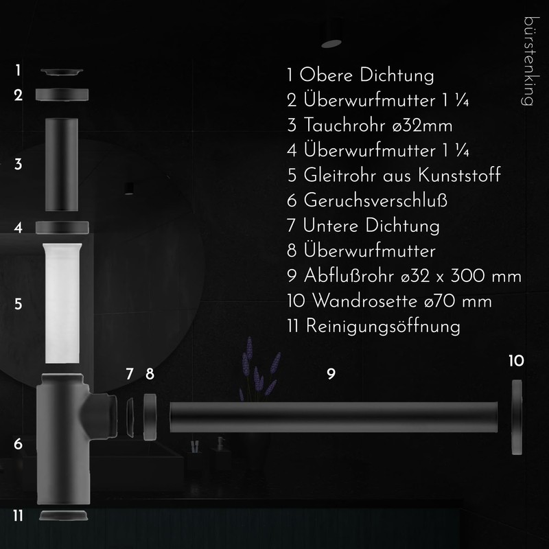 Bürstenking Universal Design Siphon for Washbasins and Washbasins, Easy Assembly