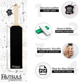 Hutsuls Leather Strop for Knife Sharpening - Get Razor-Sharp Edges with 3" x 9" Double Sided Paddle Strop Block, Easy to Use Knife Strop with Ergonomic Handle & Stropping Leather Knife Sharpener Guide