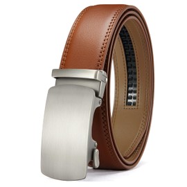 YOETEY Automatic Belt Men's Leather Without Holes, Leather Belt Men's Ratchet Automatic Buckle for Men 35 mm Business Suit Men's Belt Continuously Adjustable, Base Slash Tan