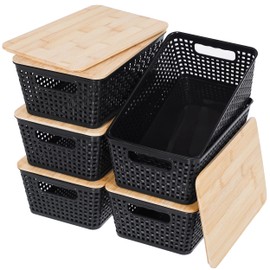 Storage Bins with Lids 6 Packs, Plastic Storage Bins with Bamboo Lids for Pantry Organization and Storage Containers for Shelves Drawers Desktop Closet Playroom Classroom Office Home, Black