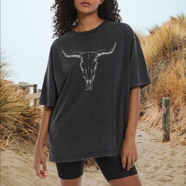 Wrenpies Western Cow Skull Shirts for Women Oversized Cowgirl Country Concert Vintage Graphic Tees Cowboy Rodeo T Shirt Tops (Black,2XL)