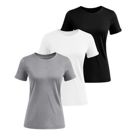 Huukeay 3 Pack Women's Cotton T Shirts Casual Short Sleeve Tunic Tops Crewneck Summer Plain Basic Loose Fit Tee(Black, White, Gray,Medium)