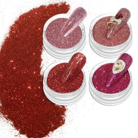 Allstarry Nail Glitter, 4 Colors Acrylic Nail Art Sparkling Powder Red Ultra-Thin Nail Powder Pink Glitter Flakes for Gel Polish, Face, Eyes, Body, Hair, Jewelry, DIY Decoration - Rose Fields