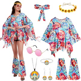 FORMIZON Hippie Costume Women's Set, 7 Pieces Disco Outfit 60s 70s 80s 90s Hippie Clothing with Hippie Poncho Accessories, Women's Girls Boho Flower Hippie Costume for Carnival Disco Party Cosplay
