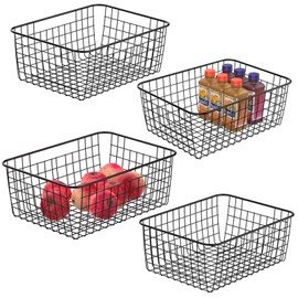 Wire Storage Baskets, iSPECLE 4 Pack Metal Wire Basket Large Pantry Storage Organization Baskets with Handles, Freezer Baskets Bins for Kitchen Pantry Shelf Laundry Cabinets Garage, Black