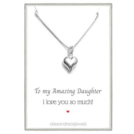 Tiny and Dainty Sterling Silver Puffed Heart Necklace, Daughter Gift Necklace, Daughter Birthday Gift, Valentine's Day Gift Necklace (14 inches plus 2-inch extender)