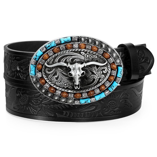 UpFind Western Genuine Leather Belt Cowboy Belt with Turquoise Oval