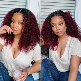 Real Hair Wig V Part Wig Human Hair Wig 180% Density Ombre Red U Part Kinky Curly Human Hair Wigs Afro Curly Wigs Human Hair Burgundy 99J Ombre Colour Wigs for Women Brazilian Wigs 18 Inches