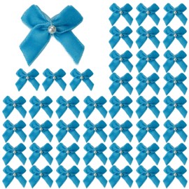 Meseey 60pcs Mini Velevt Ribbon Bows 1 Inch with Pearl Ribbon Flowers Appliques DIY Craft for Sewing, Scrapbooking, Wedding, Gift,Christmas Decoration(Teal)
