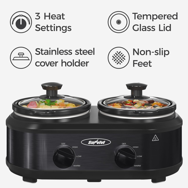 Sunvivi Double Slow Cooker,2 Pot Small Mini Crock Buffet Servers