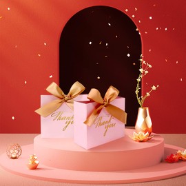 DECHISY 24Pack Thank You Gift Boxes, Favor Small Treat Boxes with Gold Bow Ribbon, Pink Pattern Paper Bags Bulk for Wedding Baby Shower Business Party Supplies