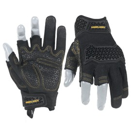 HANDLANDY Fingerless Work Gloves for Men Women, Padded, Non-Slip, Shockproof, Collision Proof, Mechanics, Builders, Carpenters (Black-3 Fingerless, XL)
