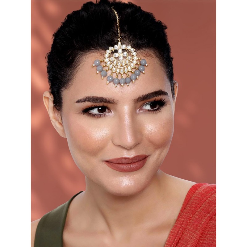 Aheli Faux Kundan Pearl Grey Maang Tikka Bridal Indian Traditional