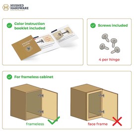 Hushed Hardware Soft Close Cabinet Hinge Set. 50 Soft Close Hinges for Kitchen Cabinets with Adjustable Close Speeds. Self Closing Door Hinges for Cabinet Door. Frameless Full Overlay Cabinet Hinges
