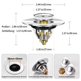 Pop Up Plug Sink With Anti Clogging Strainer, Universal Drain Strainer Sink Plug Closure Drain Fitting for Countertop Sink, Drain Plug for Bathtub (38 - 43 mm)