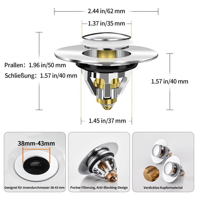 Pop Up Plug Sink With Anti Clogging Strainer, Universal Drain
