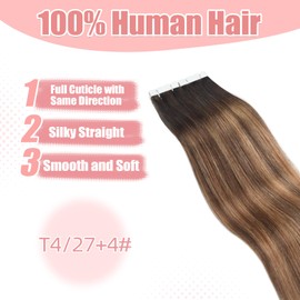 Vlasy Tape in Hair Extensions Human Hair 24 Inch Mini Tape in Hair Extensions Real Human Hair Straight Hair Extensions Tape in Natural Invisible Tape Hair Extension T4/27+4# 16 Pieces