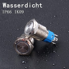 JIQI 5 x 16 mm 12 V to 24 V 3 A Locking Pressure Switch Metal Locking On/Off Switch with LED Light IP66 1NO1NC Self-Locking Waterproof Pre-Wired Push Button Switch for Van Car DIY Motorcycle (Red)