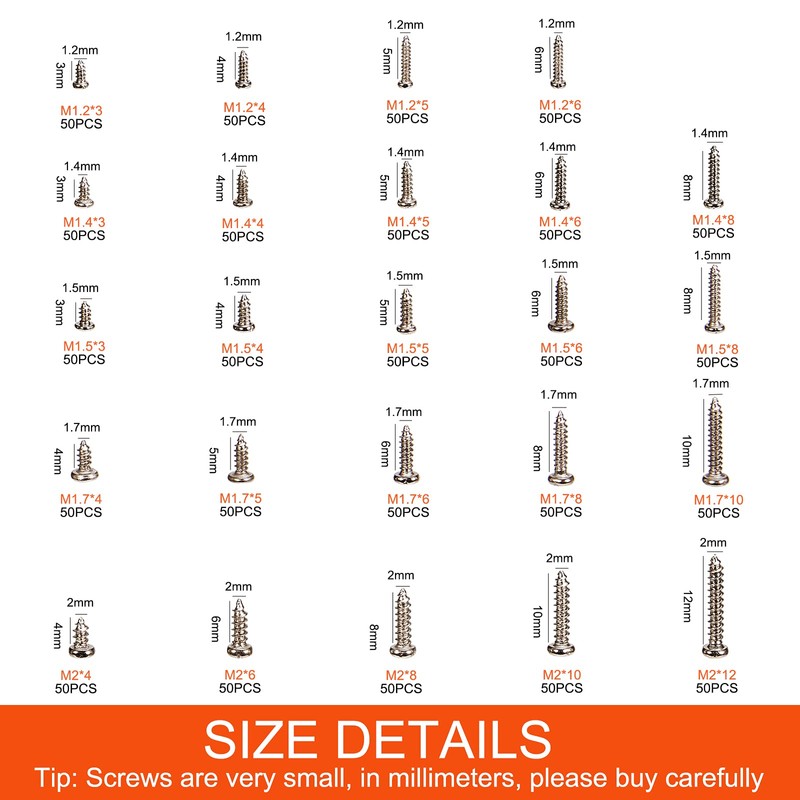 1100Pcs Nickel-Plated M1.2,M1.4,M1.5,M2 Round Pan Head Tapping Screws Laptop Notebook