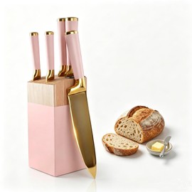 Gold Pink Kitchen Knife Set with Acacia Wooden Block,7Pcs Gold Titanium-Coated Dishwasher Safe Knife Block Set Stainless Steel,Built-in Sharpener,Gift for Women Girls