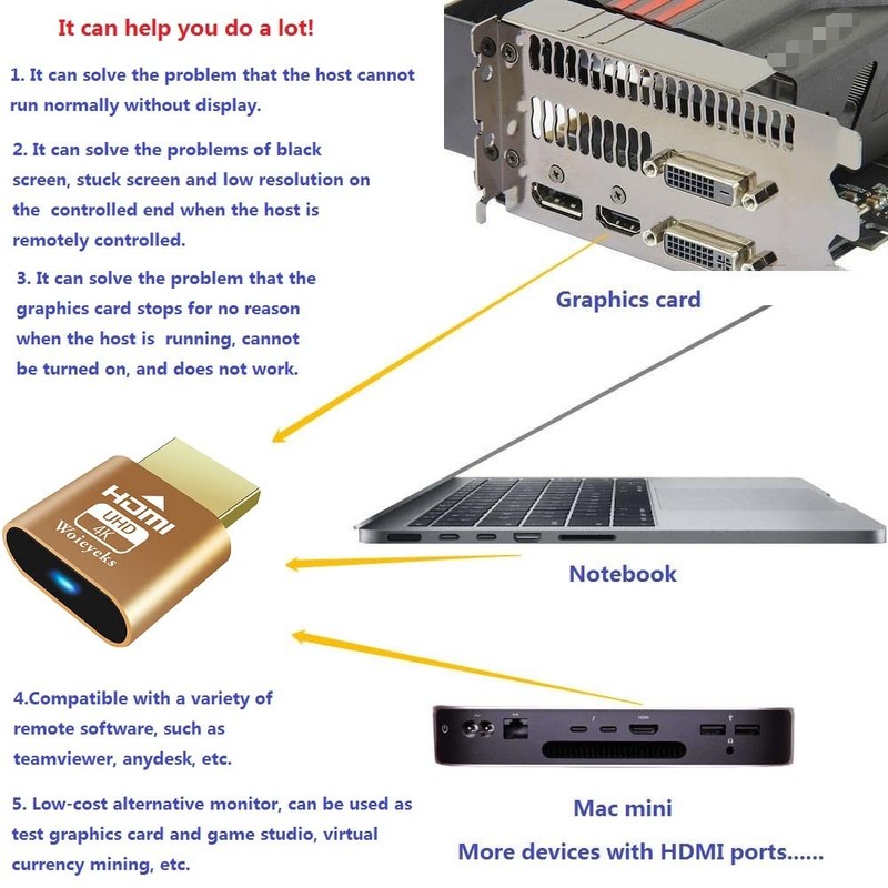 HDMI Dummy Plug（4K UHD） Headless Ghost Adapter,Virtual Monitor Display Emulator