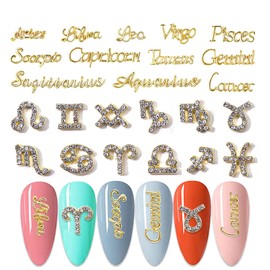 WOKOTO 24pcs Gold Zodiac Nail Charms for Women Nails, Zodiac Signs & Letters Nail Charms for Nail Art 3D Zodiac Charms for Acrylic Nails, 12 Constellations Zodiac Nail Art Jewelrys Decorations