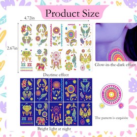 JEYORZY 10 Blätter Leucht Tattoos Unter Neon UV Schwarzlicht, Temporäre Tattoos, Tattoos Erwachsene Teenager Kinder, Leuchtende Party Deko, Wasserfeste Klebetattoos, Party Gadgets