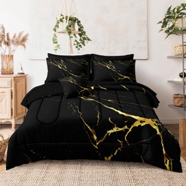 Merryword 8 Pcs Bed in a Bag Comforter Set - California King Size Black Gold Marble Bedding Set