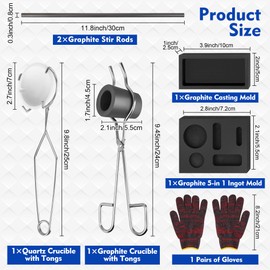 Coitak 9 Pieces Graphite Torch Melting Casting Kit, Including 2 Crucible Stir Stick, 5-in-1 Graphite Casting Ingot Mould, Quartz Crucible, Cylindrical Graphite, A Pair of Gloves, Tong for Melt
