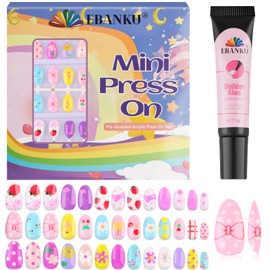 78PCS Kid Press on Nails, EBANKU 3 Pack Children Fake Nail Kit Full Cover Short False Fingernails with Nail Glue for Girl Nail Decoration (Colorful Polka Dots Flowers)