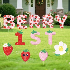 Chicooan Berry First Birthday Decor 12 Pcs Strawberry Yard Signs with Stakes Happy Birthday One Year Old Strawberry Outdoor Weatherproof Garden Party Decorations