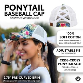 Funky Junque Women's Distressed Ponytail Trucker Hat with Ponytail Hole Messy Bun Ball Cap for High Bun Hairstyles - Tropical (White)