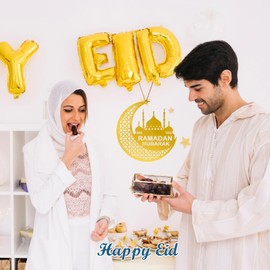 20×20cm Ramadan Decorations,Acrylic Eid Mubarak Decorations for Home with Rope And Hook,Ramadan Mubarak Hanging Decoration Eid Ornaments for Islamic Muslim Party (Gold)