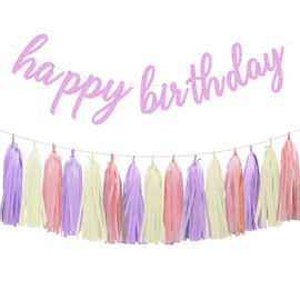 Aonor Happy Birthday Decorations - Pre-Strung Pink Light Purple Happy Birthday Banner and Paper Tassel Garland for Women Girls Birthday Party Decorations