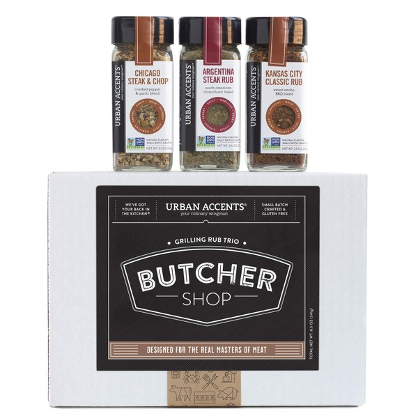 Urban Accents BUTCHER SHOP, Gourmet Grilling Spices Rub Gift Basket (Set of 3) - Ultimate BBQ Rubs and Sauces Gift for Grill Masters- Perfect Grilling Spice Sets for Men, Weddings or Any Occasion